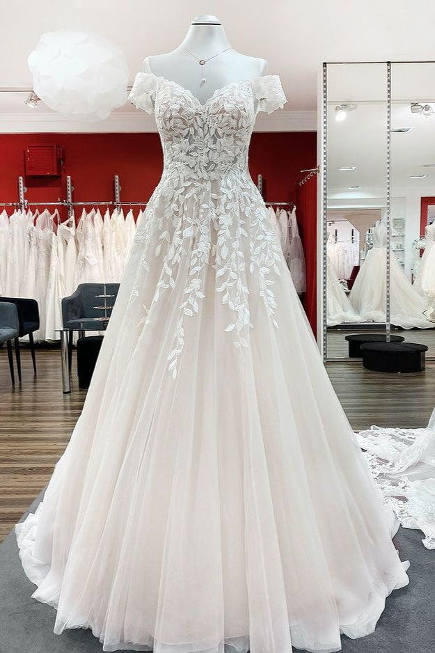 Graceful Off The Shoulder Tulle Lace Ruffles A-Line Wedding Dresses - Fashionpara