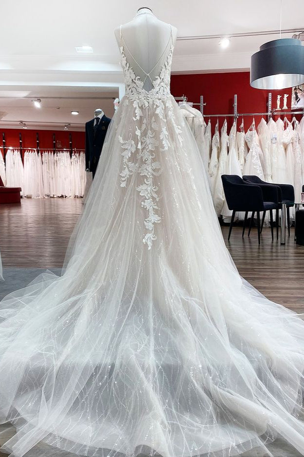 Graceful Spaghetti Straps Tulle V Neck Sequins Wedding Dresses With Lace Appliques - Fashionpara
