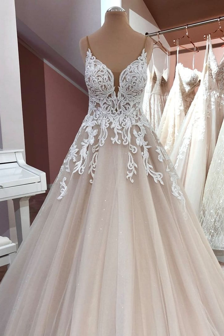 Graceful Spaghetti Straps Tulle V Neck Sequins Wedding Dresses With Lace Appliques - Fashionpara