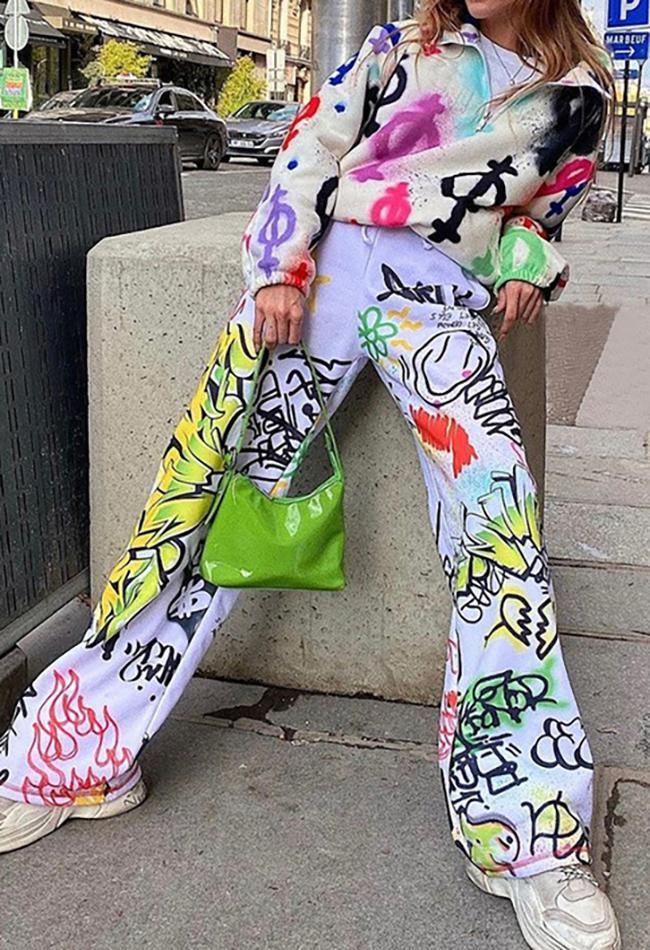 Graffiti Print Wide Leg Trousers