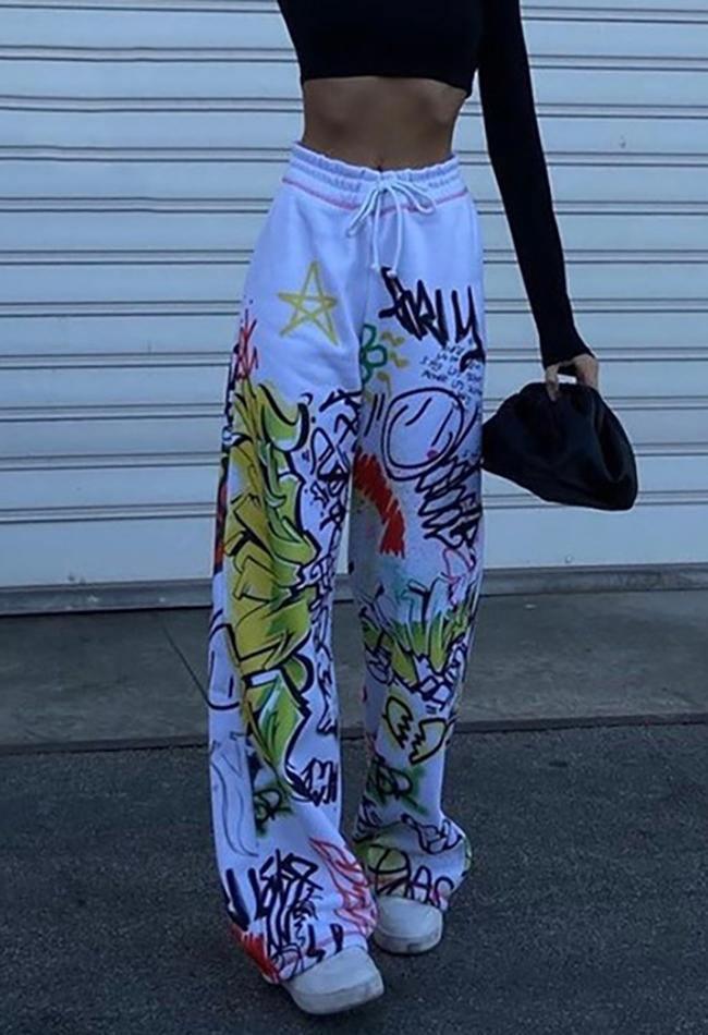 Graffiti Print Wide Leg Trousers