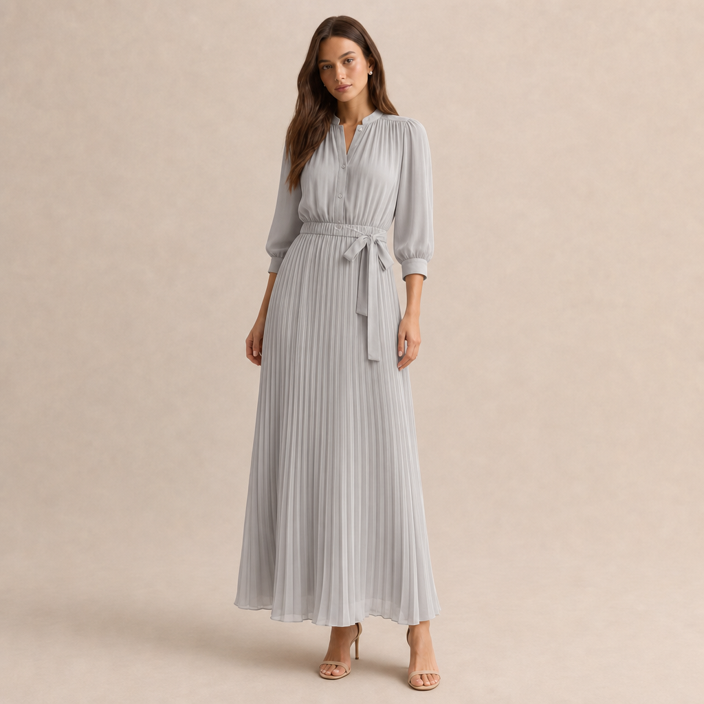 Band Collar Button Front Belted Pleated Shirt Maxi Dress 4