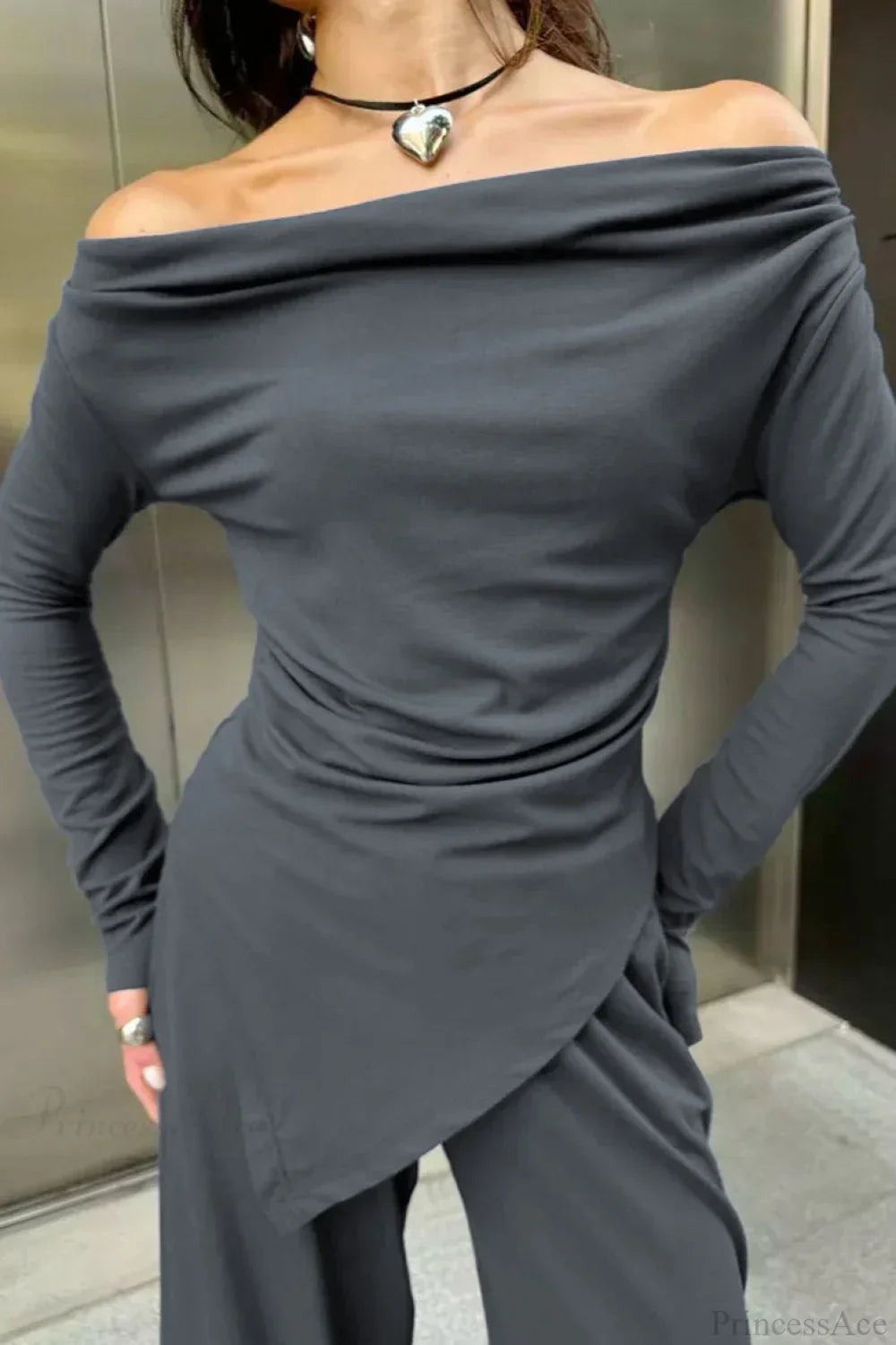 Gray Knit Off-the-Shoulder High Waist Wide Leg Two Piece Set