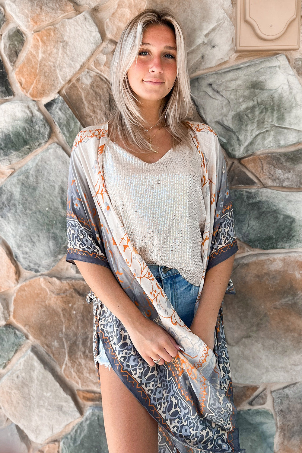 Gray Mandala Fashion Print Half Sleeve Kimono