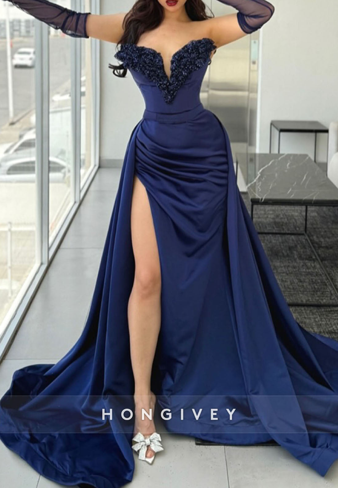 HIgh Slit Navy Blue V Neck Court Train Beading Evening Gown