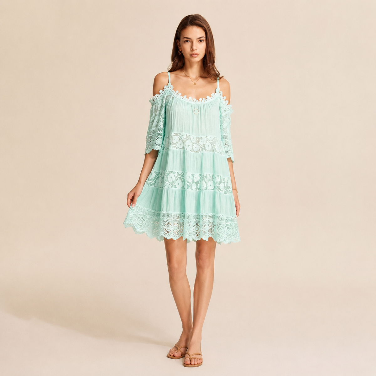 Off Shoulder Crochet Lace Tiered Mini Beach Dress 4