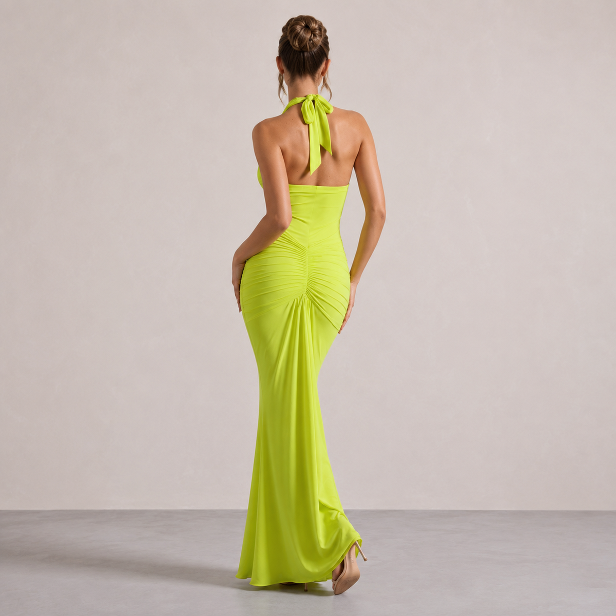 Deep V-Neck Halter Ruched Fishtail Maxi Gown 12
