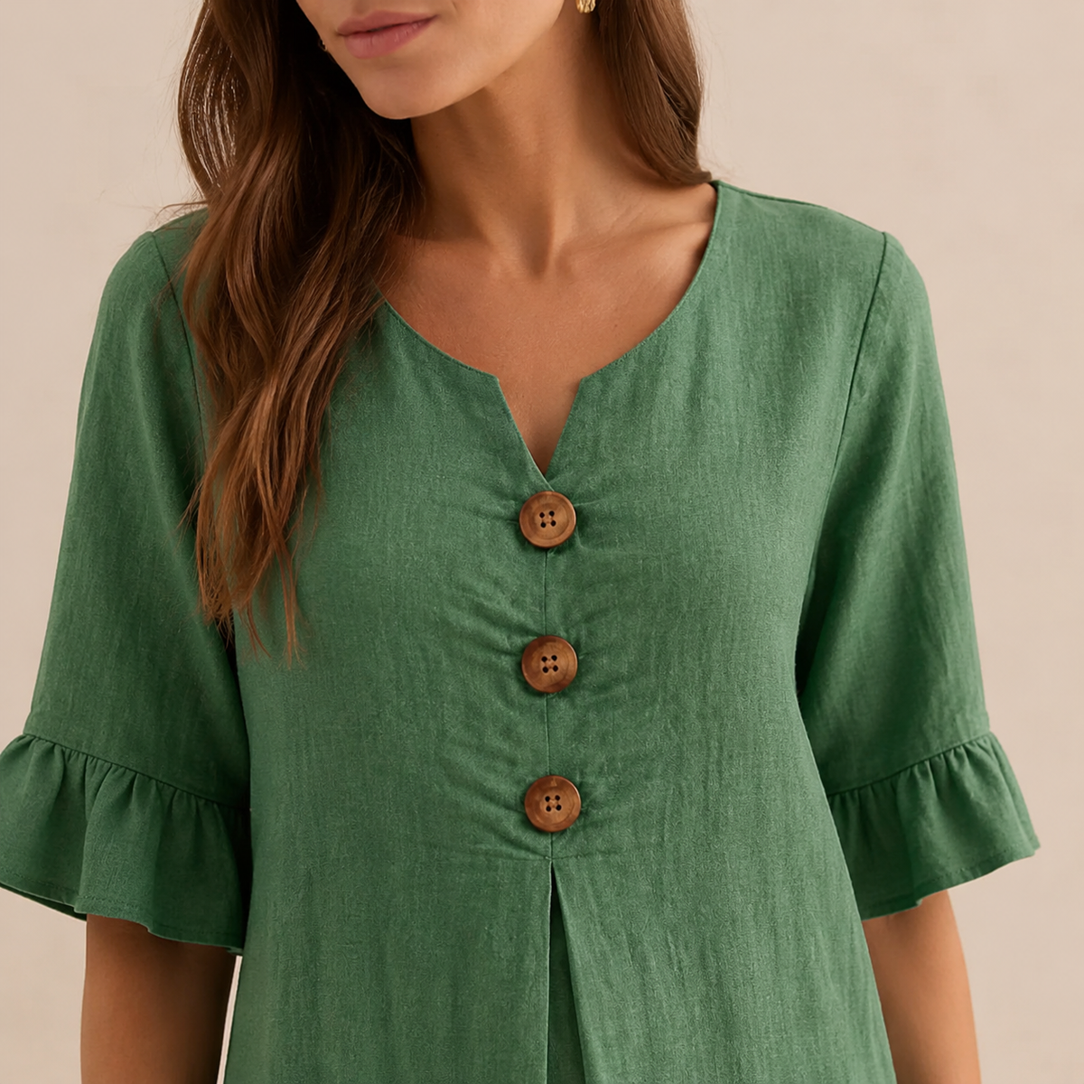Notch Neck Wooden Button Front Pleated A-Line Midi Dress 11