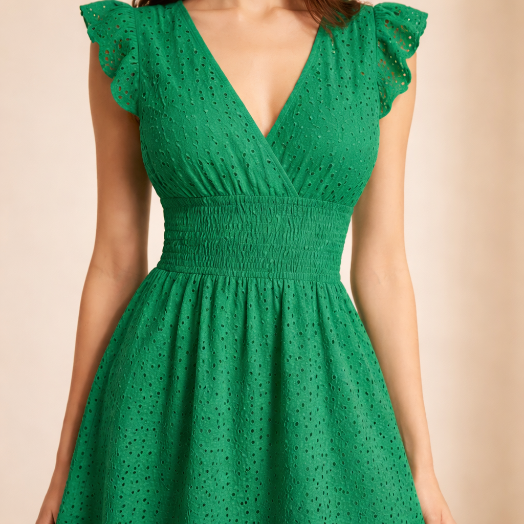 Broderie V-Neck Flutter Sleeve Shirred Waist A-Line Midi Dress 18