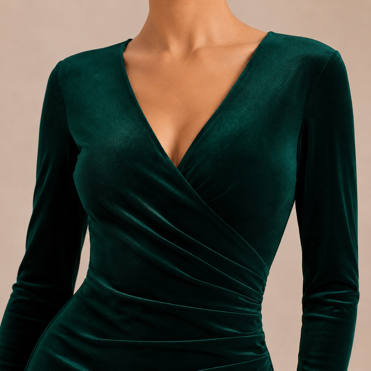 V-Neck Long Sleeve Ruched Velvet Wrap Midi Dress 8