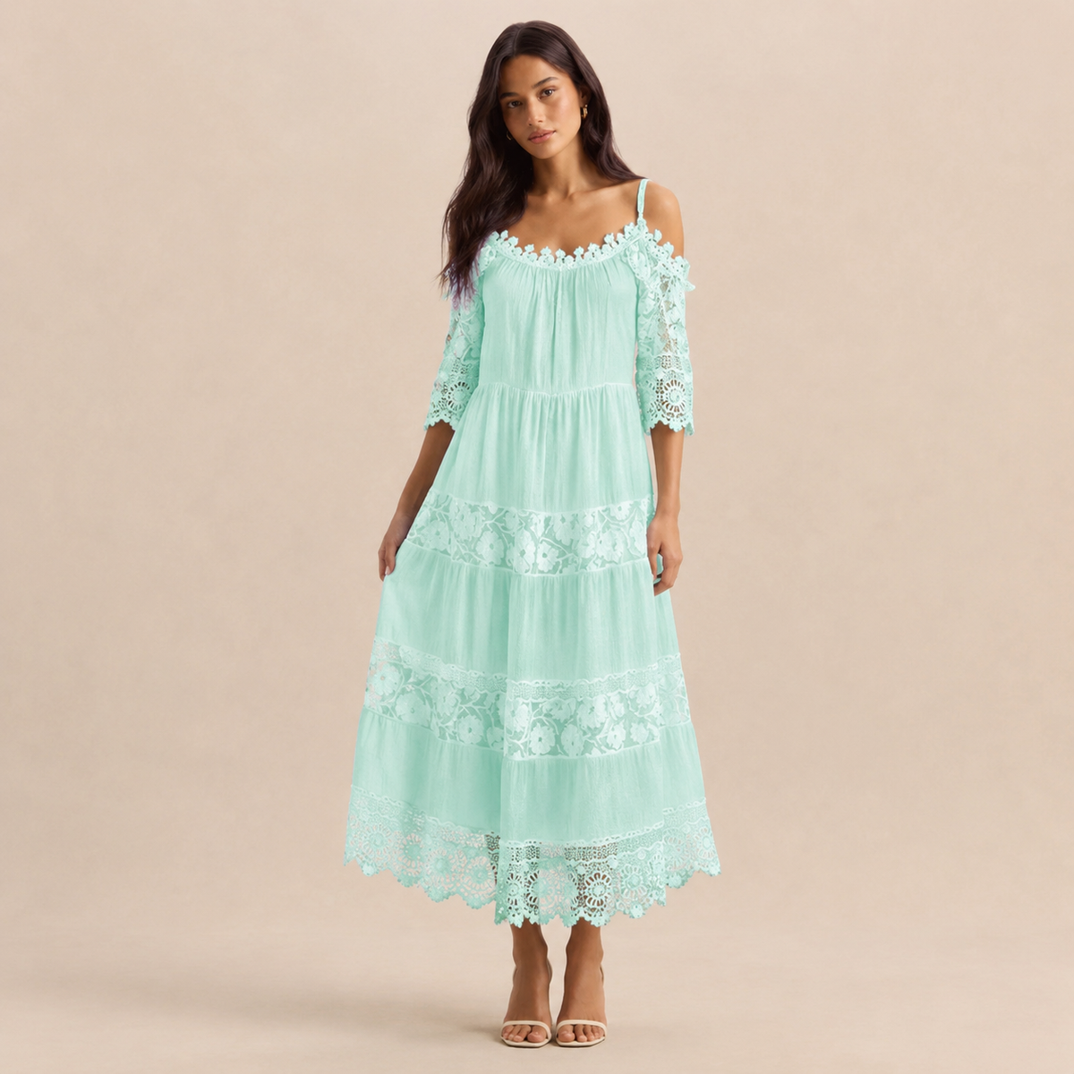 Off Shoulder Crochet Lace Trim Tiered Midi Dress 7