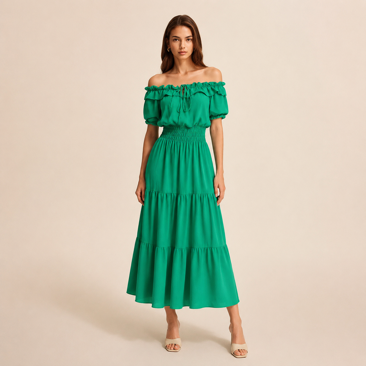Off Shoulder Ruffle Puff Sleeve Tiered Maxi Dress 13