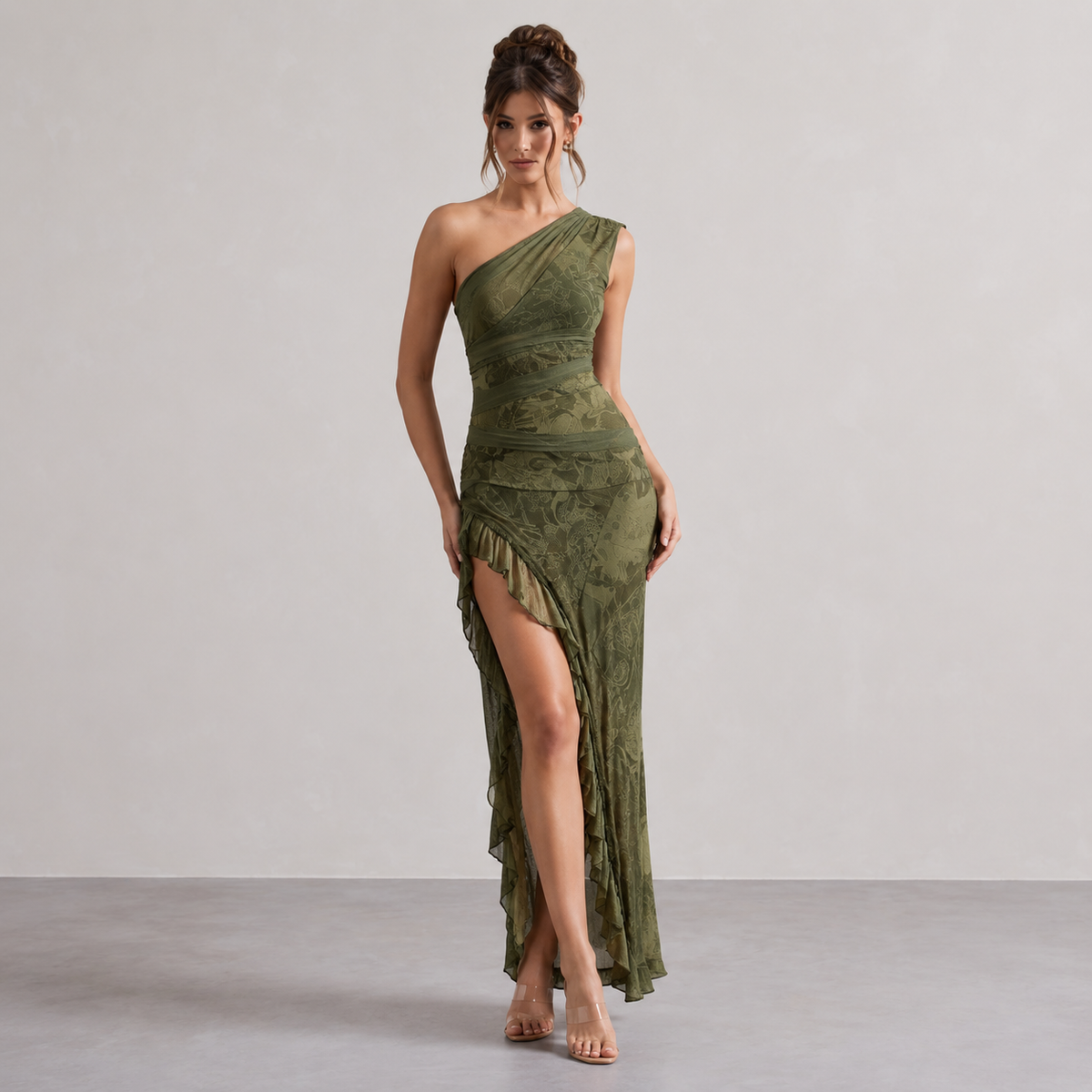 One Shoulder Floral Burnout Ruffle High Split Maxi Dress 7