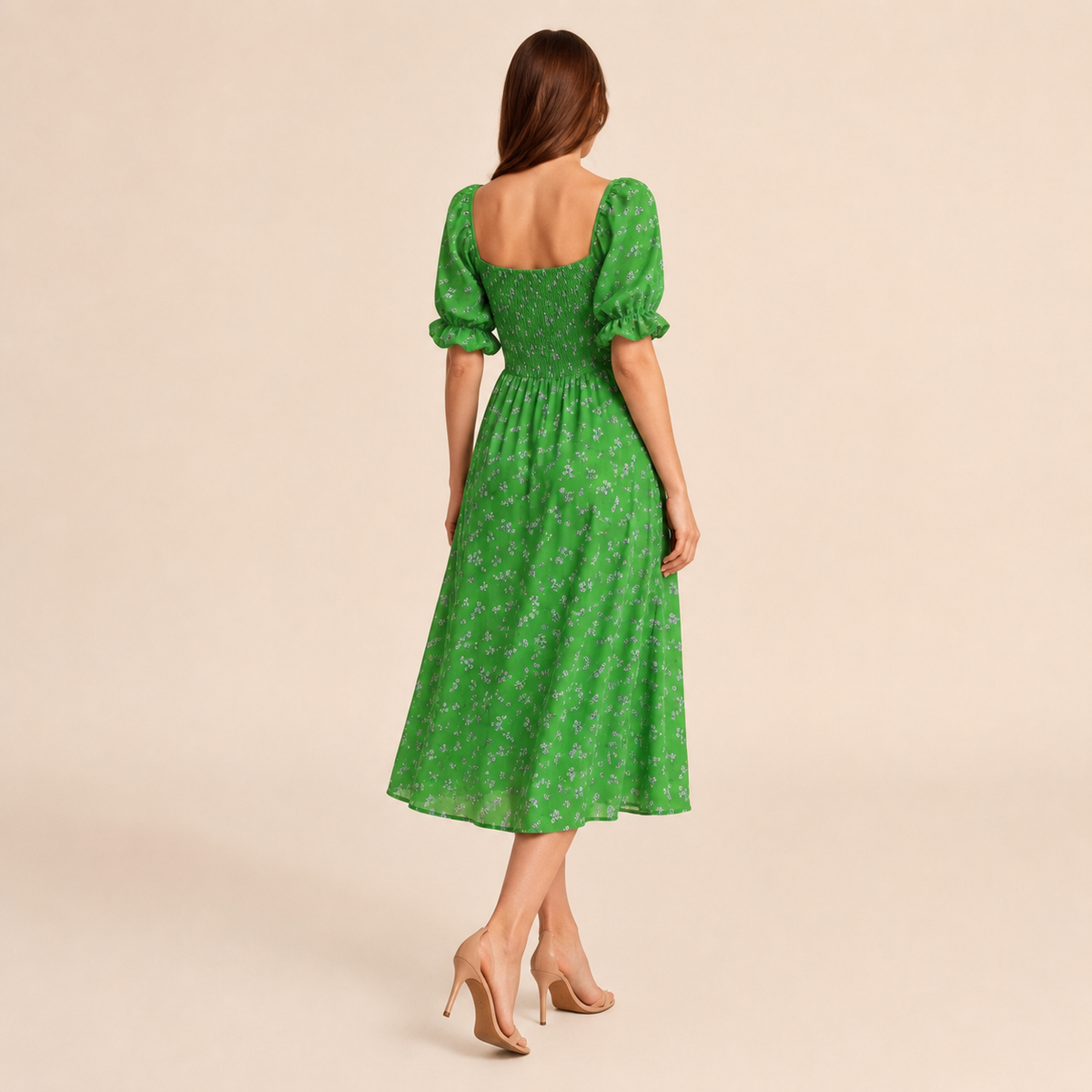 Floral Square Neck Puff Sleeve Smocked High Split Midi Dress 15