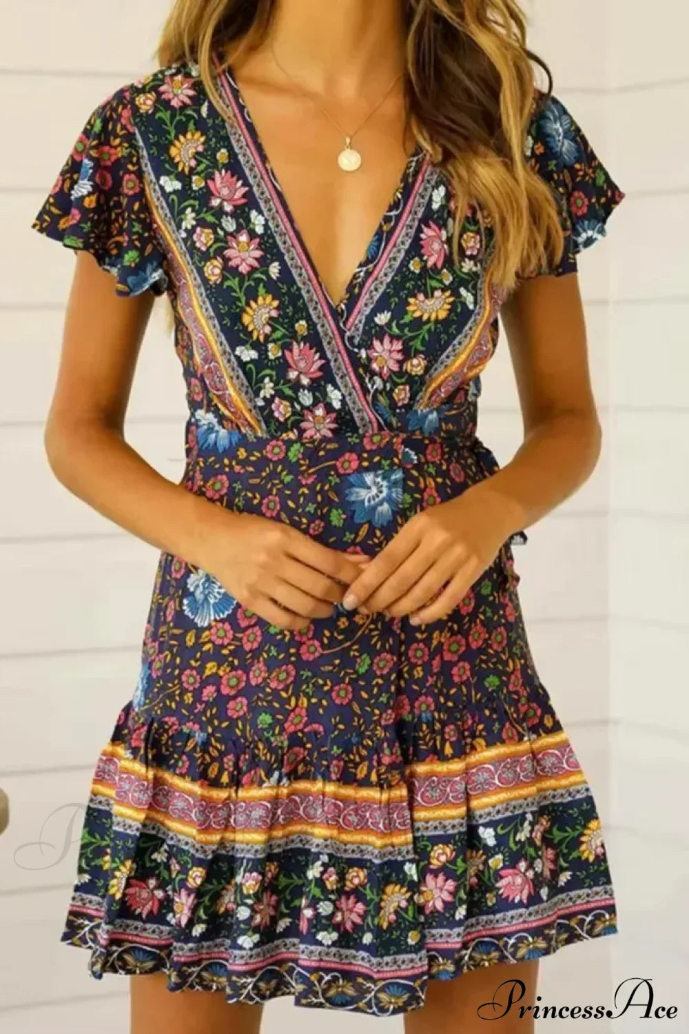 Green Floral Deep V-neck Boho Sundress
