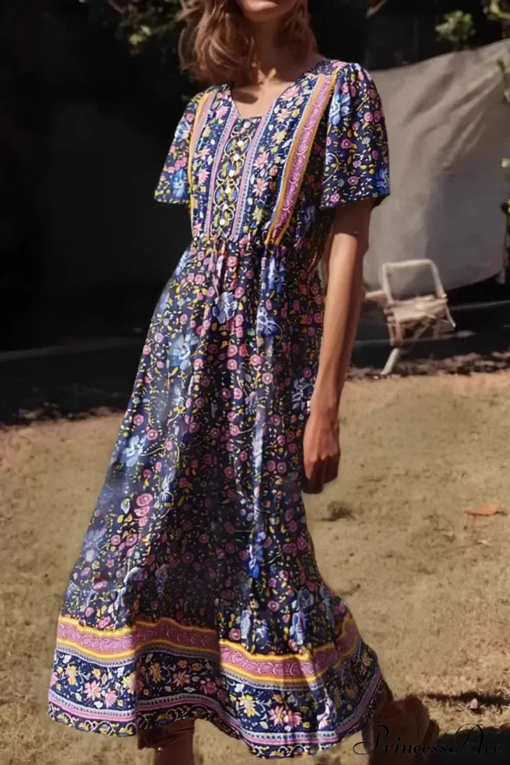 Green Floral Print Ruffles Sleeve Tassel V-neck Rayon Maxi Boho Dress navy / S bohodress-250126