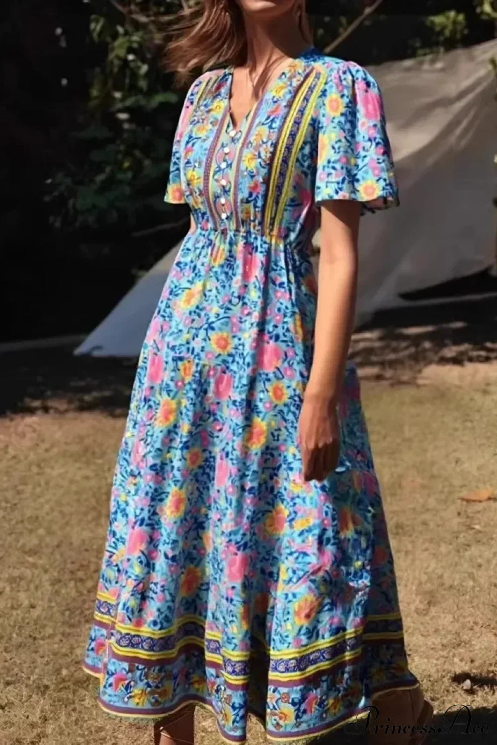 Green Floral Print Ruffles Sleeve Tassel V-neck Rayon Maxi Boho Dress Green / S bohodress-250126