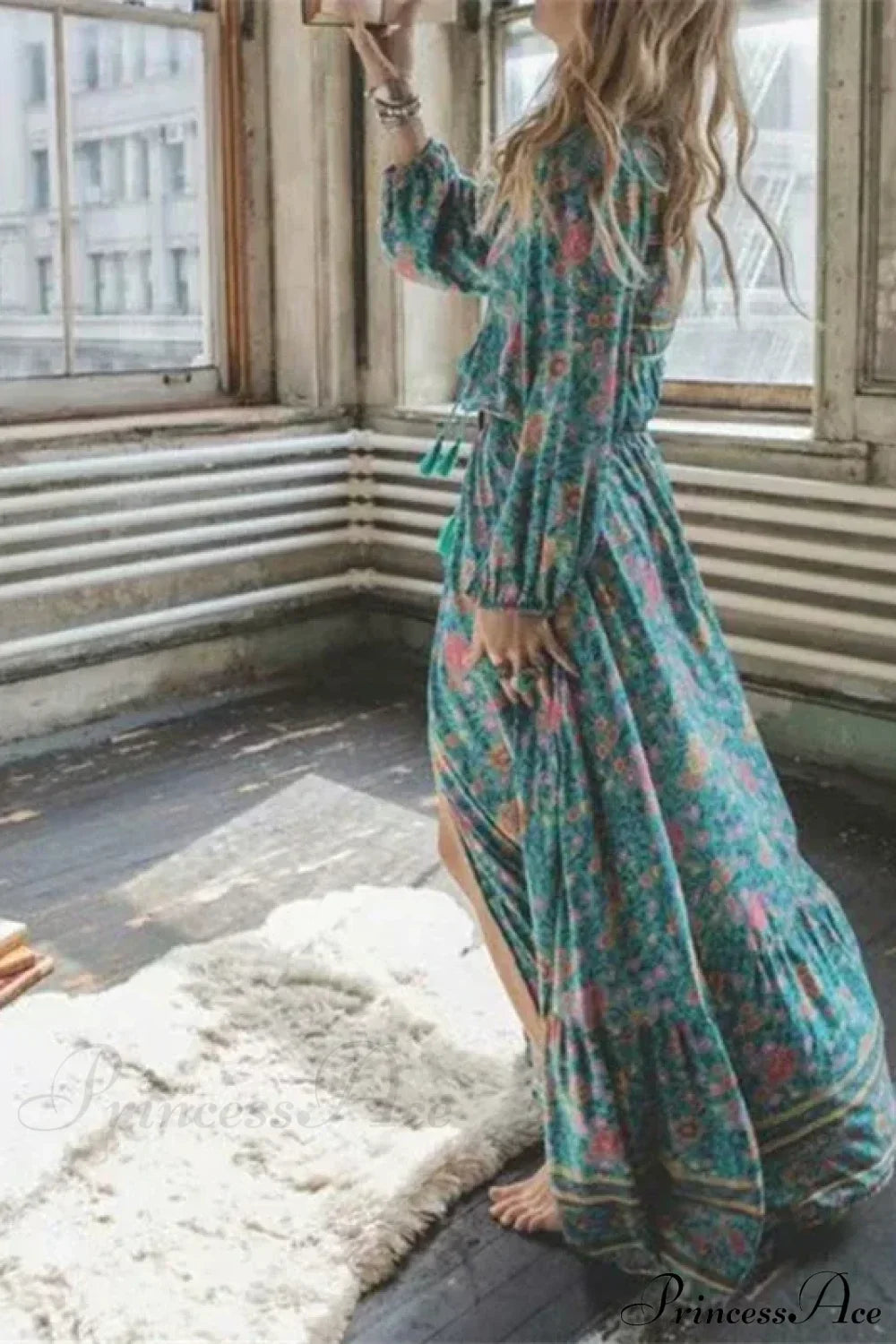 Green Floral Print Tassel Rayon Cotton Beach Maxi Boho Dress