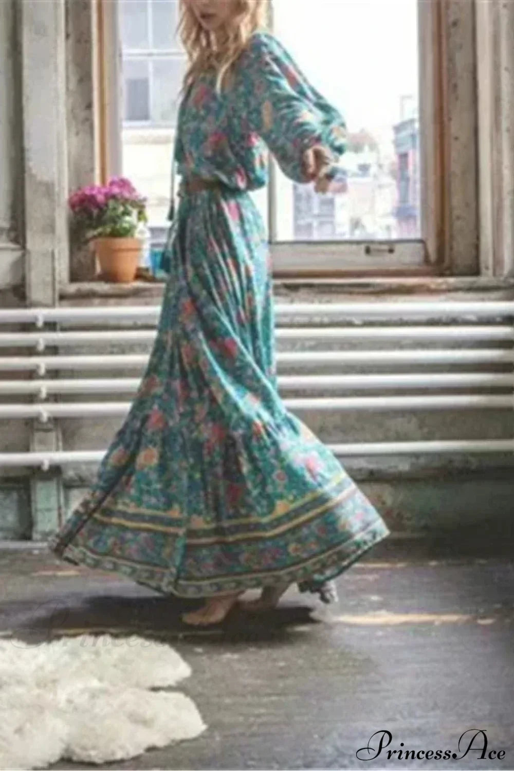 Green Floral Print Tassel Rayon Cotton Beach Maxi Boho Dress