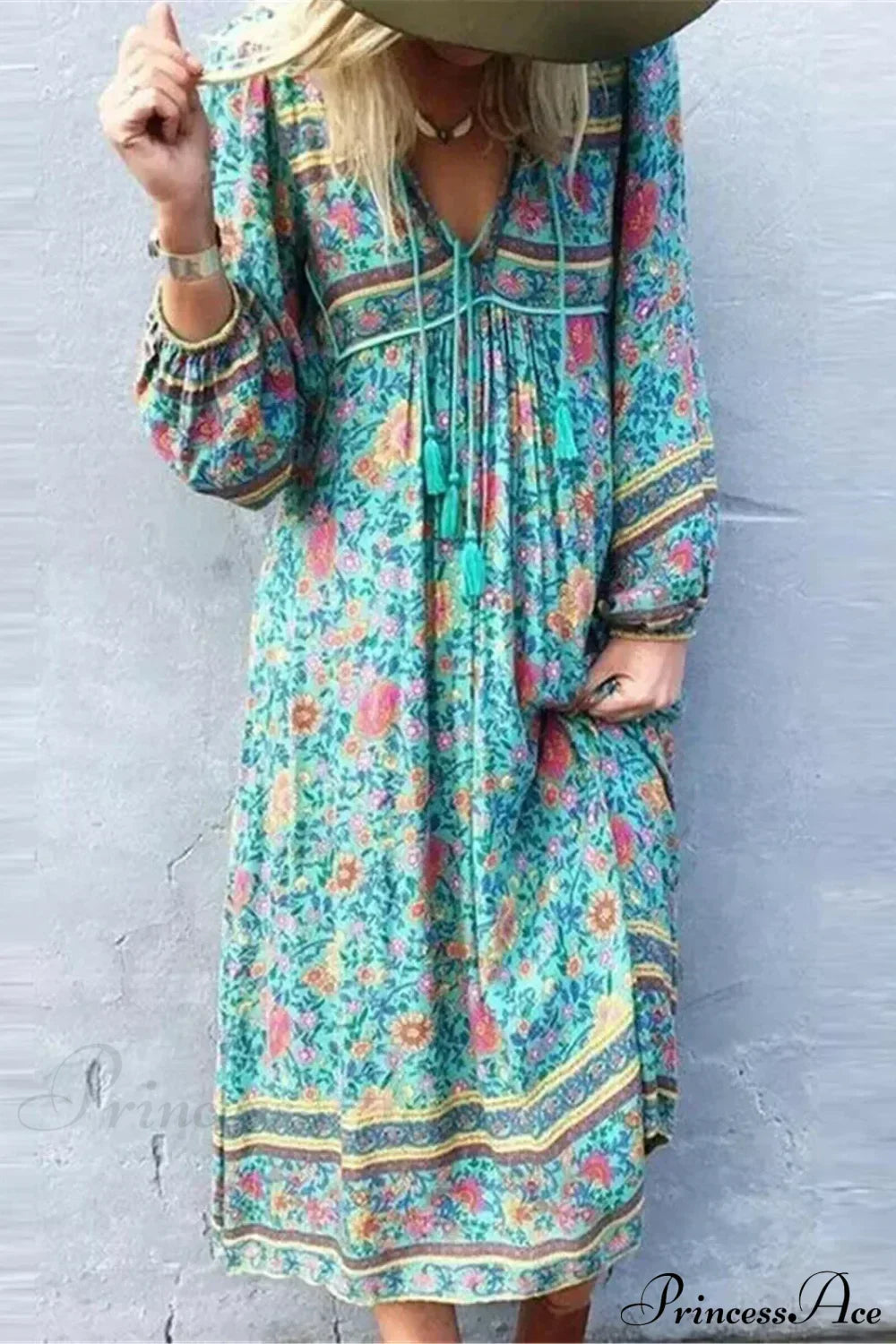 Green Floral Print Tassel Rayon Cotton Beach Maxi Boho Dress Green / S bohodress-250126