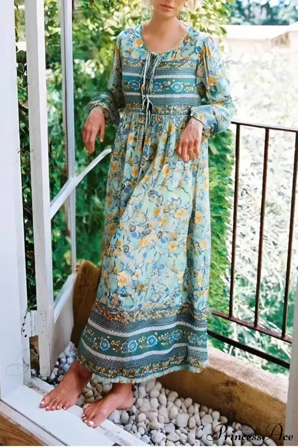 Green Floral Print Tie Neck Long Sleeve Rayon Summer Maxi Boho Dress Green / S bohodress-250126