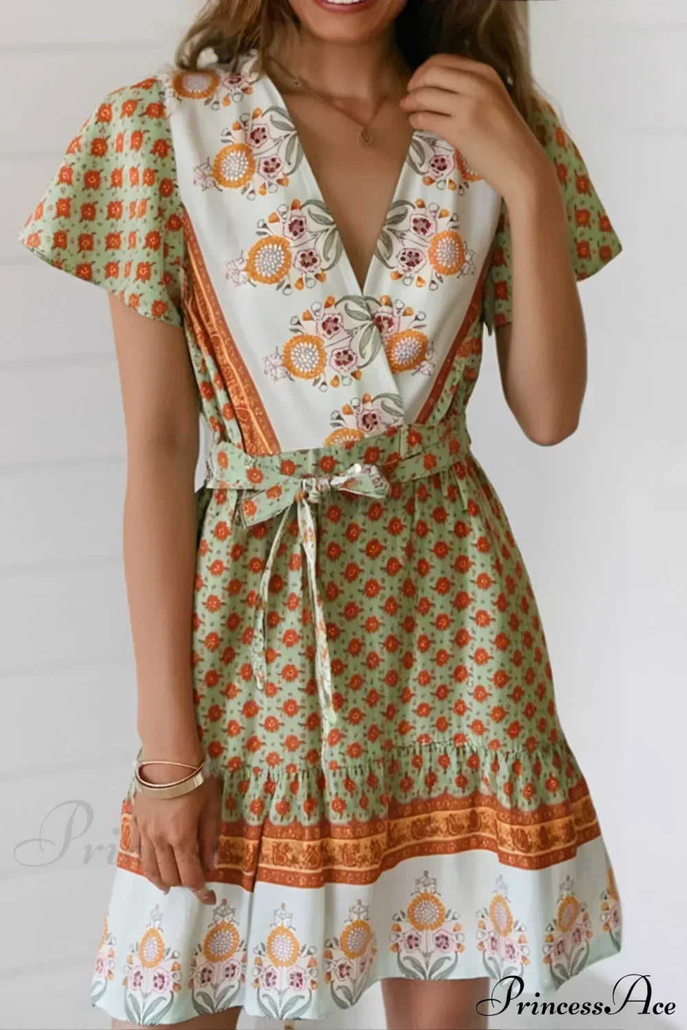 Green Floral Print Wrap Short Sleeve Vacation Mini Boho Dress Green / S bohodress-250126