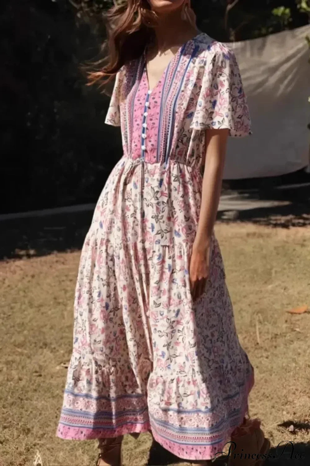 Green Floral Ruffles Sleeve Boho Dress Pink / S bohodress-250126