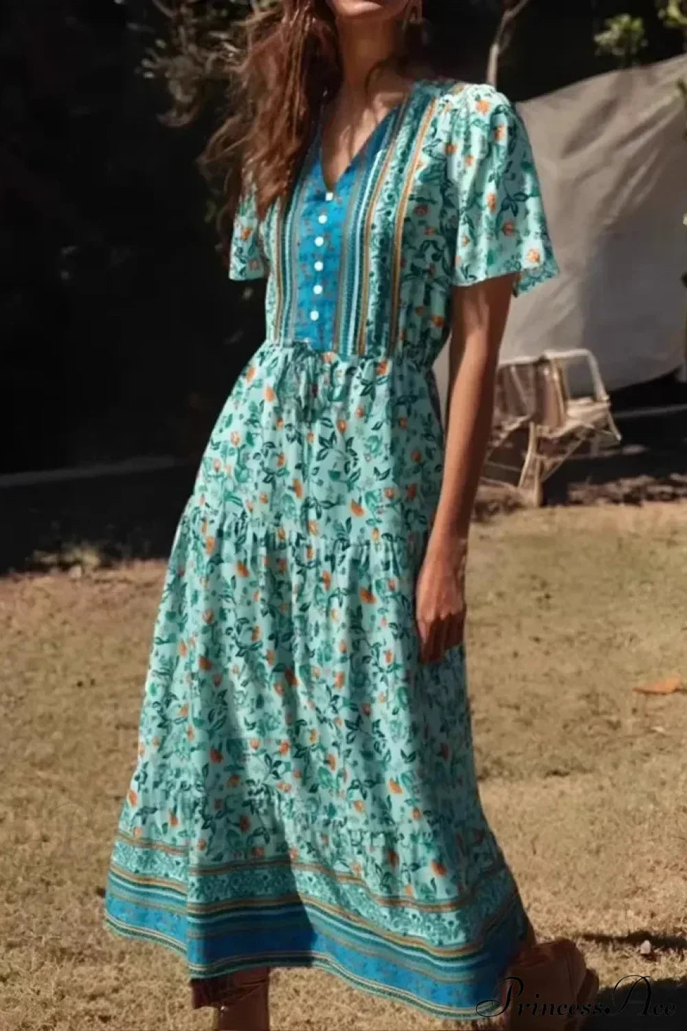 Green Floral Ruffles Sleeve Boho Dress Green / S bohodress-250126