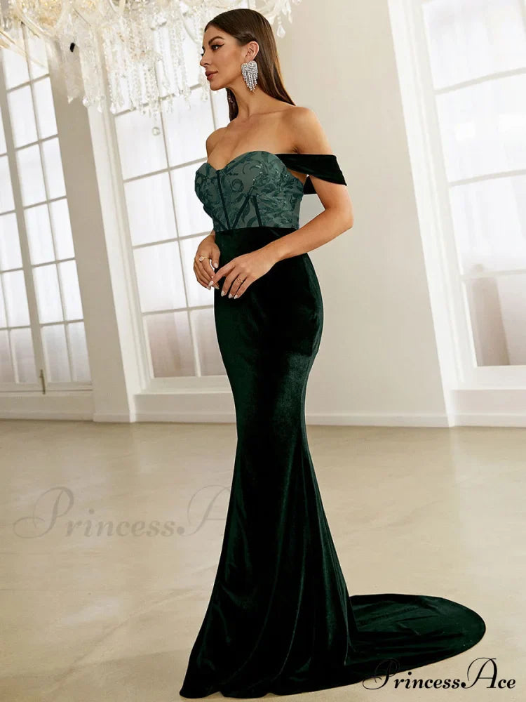 Green Velvet Evening Dress Elegant Off Shoulder Sequin Bodycon Maxi Christmas Party Dress