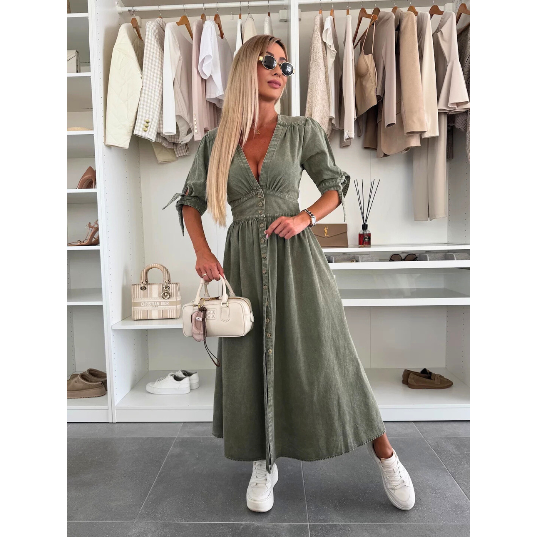 V-Neck Puff Sleeve Button Front High Split Midi Dress 8