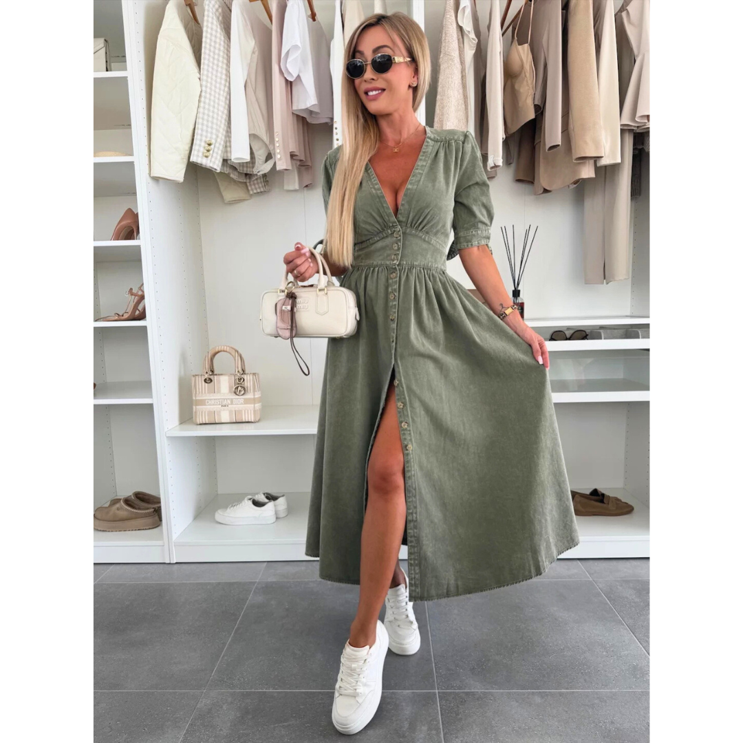 V-Neck Puff Sleeve Button Front High Split Midi Dress 7