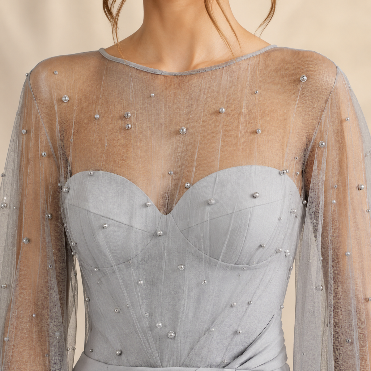 Pearl Sheer Sleeve Ruched High Split Maxi Gown 5