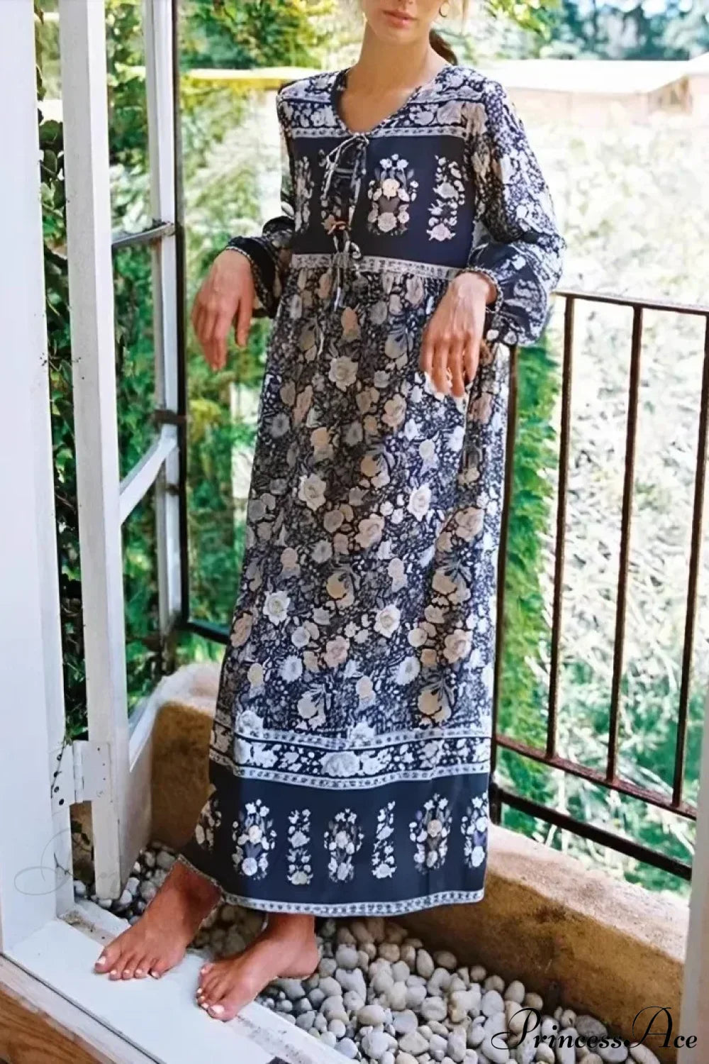 Grey Floral Print Lantern Sleeve Tassel Vintage Maxi Boho Dress Grey / S bohodress-250126