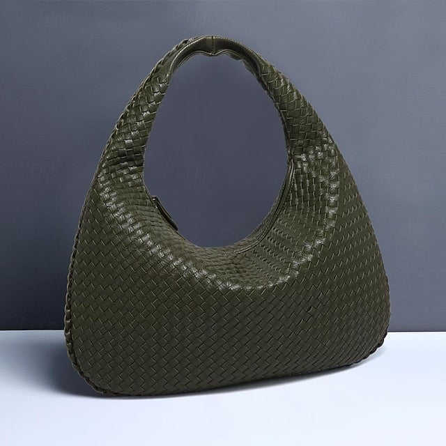 Chic Burgundy Hobo Woven Leather Bag Faux