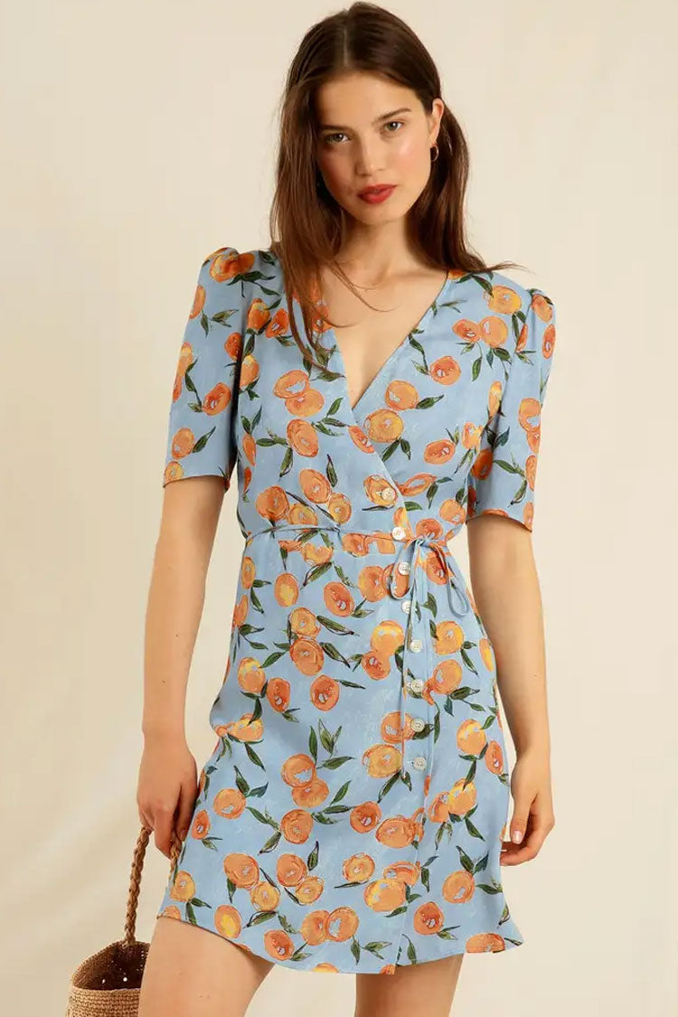Groovy Fruit Printed Puff Sleeve French Style Wrap Mini Dress -Blue - Fashionpara