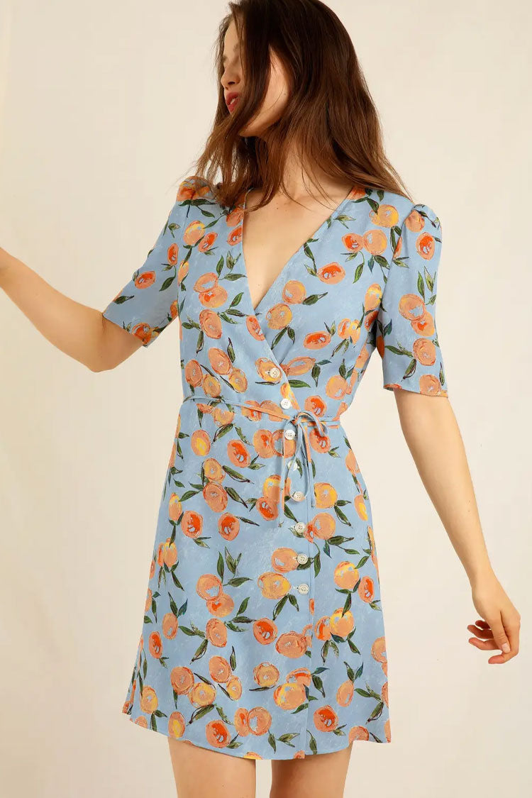 Groovy Fruit Printed Puff Sleeve French Style Wrap Mini Dress -Blue - Fashionpara