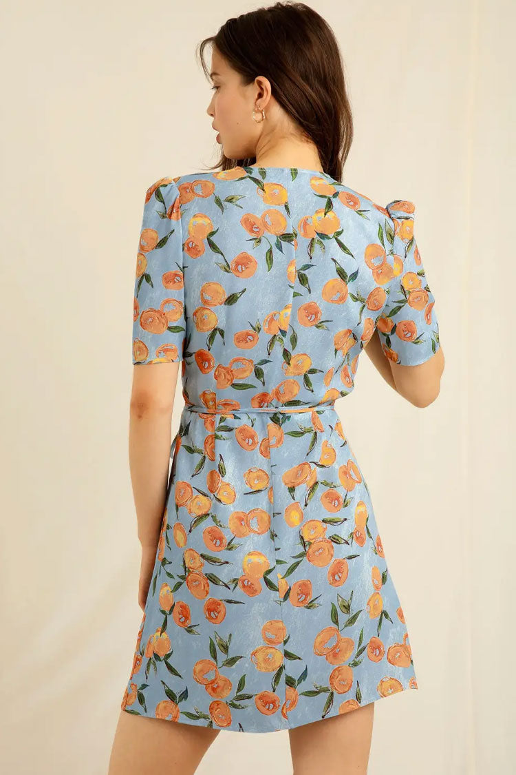 Groovy Fruit Printed Puff Sleeve French Style Wrap Mini Dress -Blue - Fashionpara