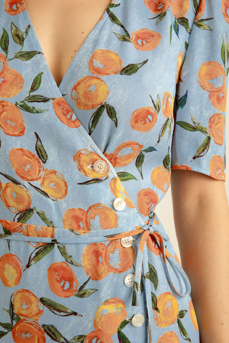 Groovy Fruit Printed Puff Sleeve French Style Wrap Mini Dress -Blue - Fashionpara