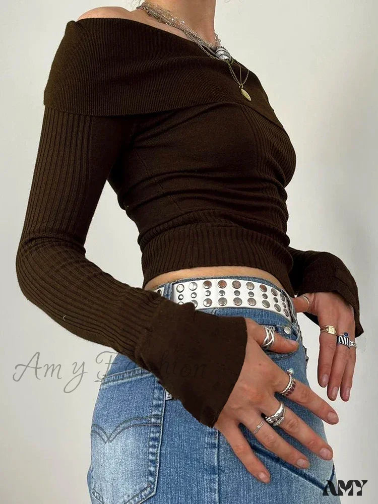 Grunge Retro Off Shoulder Slash Neck Long Sleeve Sweater 3