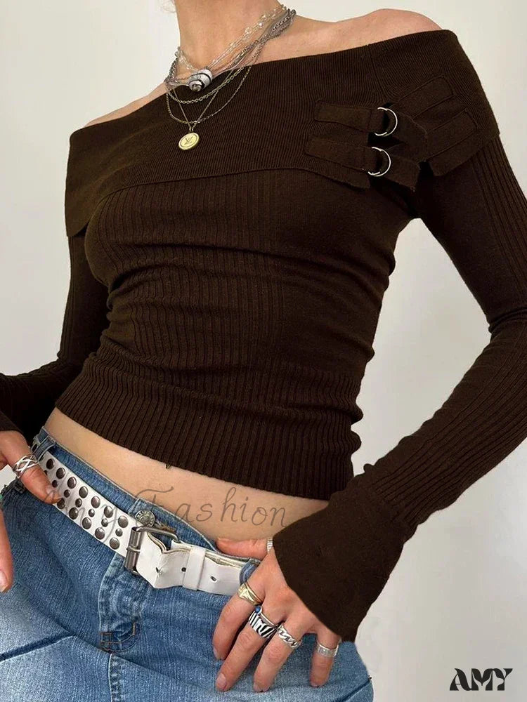Grunge Retro Off Shoulder Slash Neck Long Sleeve Sweater