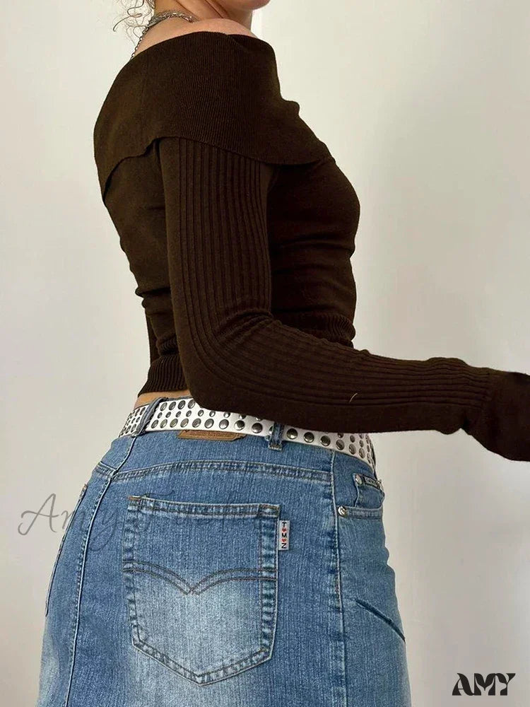 Grunge Retro Off Shoulder Slash Neck Long Sleeve Sweater 4