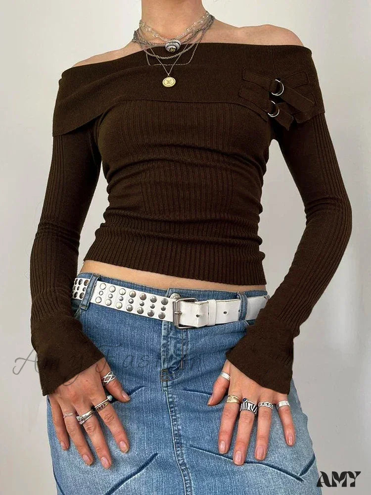 Grunge Retro Off Shoulder Slash Neck Long Sleeve Sweater 2