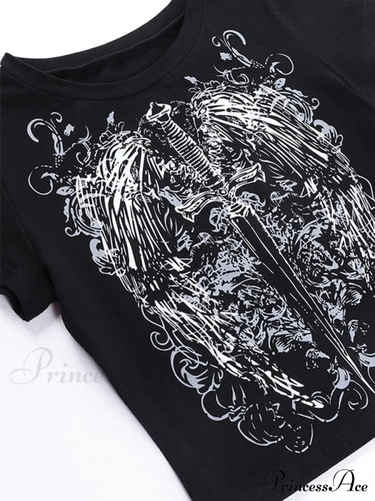 Grunge Wing Print Trendy Ribbed Knit Crop Top