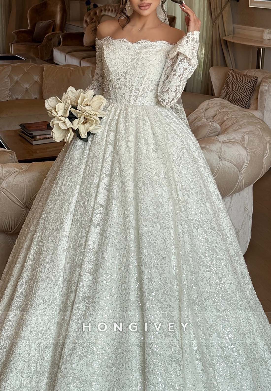 Lace Off the Shoulder Princess Long Sleeves Court Train Wedding Dresses