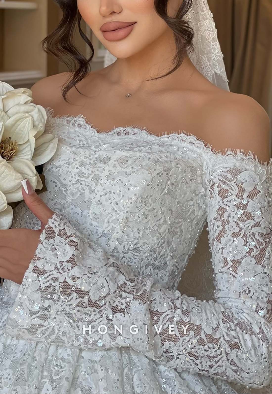 Lace Off the Shoulder Princess Long Sleeves Court Train Wedding Dresses