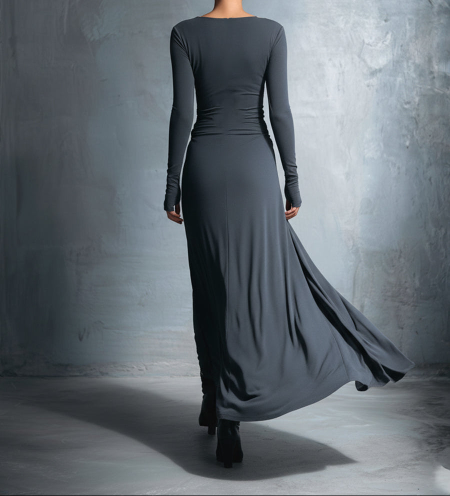 Boat Neck Long Sleeve Ruched Twist Maxi Dress 10