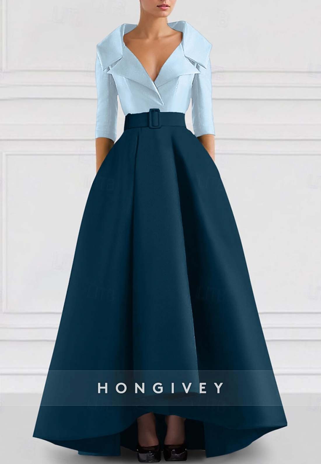 A-line Asymmetrical Evening Gown V Neck Half Sleeve Pockets Pleated Waistband Mother of the Bride