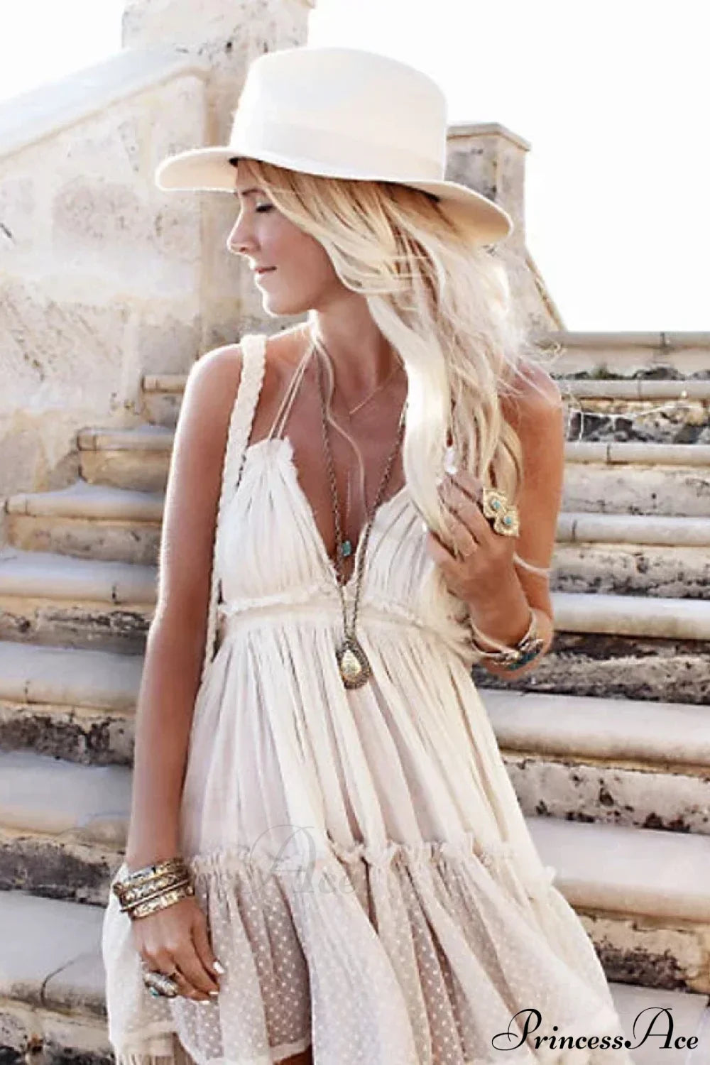 Gypsy Strap Backless Boho Dress Ivory / S bohodress-250126