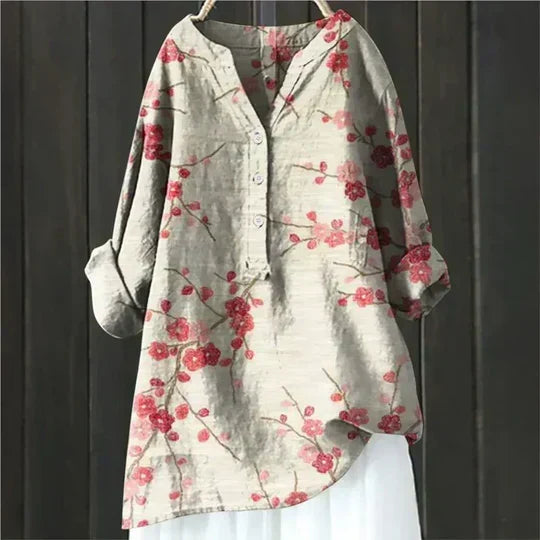 Floral Crane Print Button Long Sleeve Blouse 7