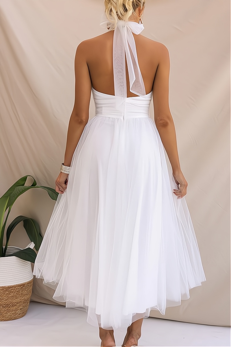 Tulle Halter Neck Bow Back Ruched Waist A-Line Midi Dress